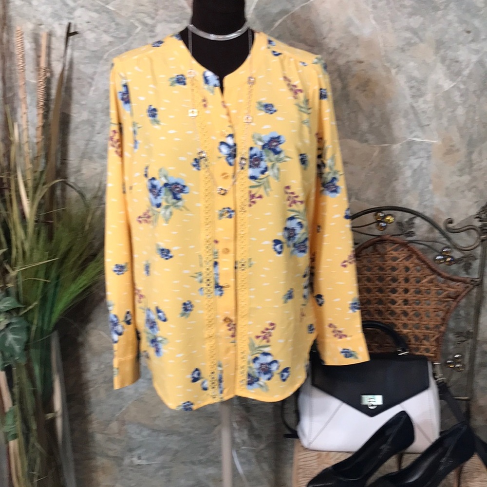Stunning Yellow Flowered Button Long Sleeved Shir… - image 1